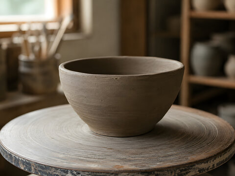 Unglazed clay bowl resting on wooden pottery wheel