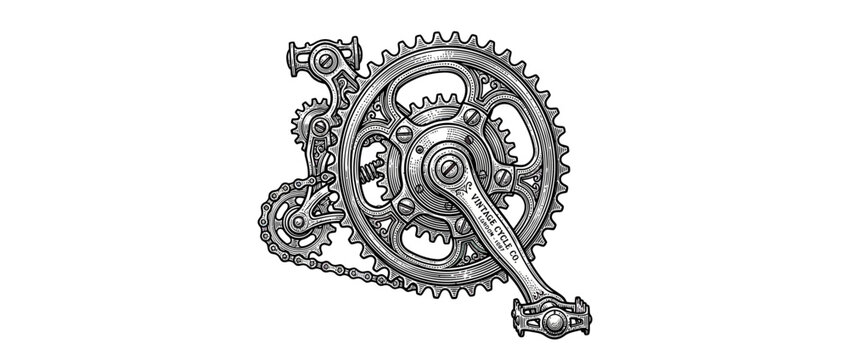 Vintage Bicycle Crankset and Derailleur Illustration
