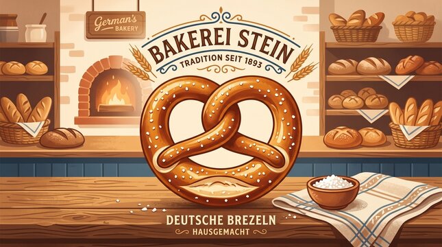 Traditional German Pretzel in Rustic Bakery with Stone Oven Illustration