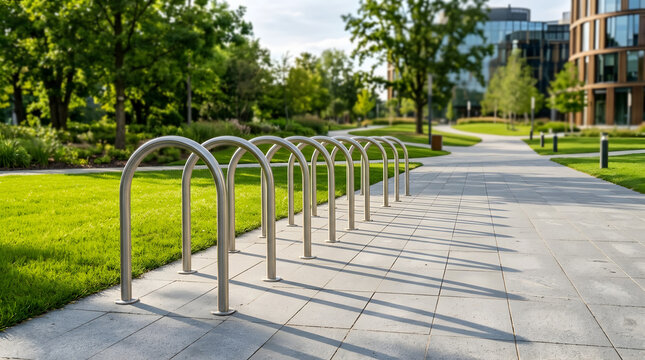 Empty stainless steel bicycle parking rack on modern urban sidewalk with green landscaping