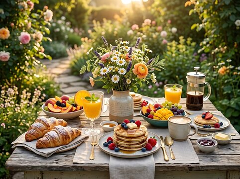Delicious breakfast with pancakes and croissants on a wooden table in a blooming summer garden at dawn. centerpiece breakfast setup