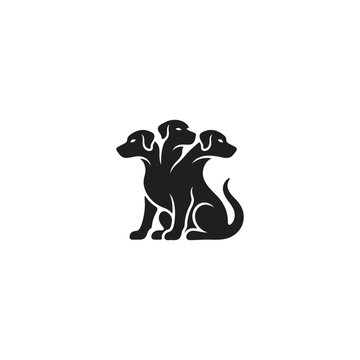 powerful black silhouette illustration of a sitting three-headed Cerberus-like mythical dog on a solid white background.