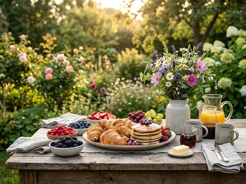 Delicious breakfast with pancakes and croissants on a rustic wooden table in a sunny summer garden. centerpiece breakfast setup