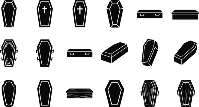 Coffin and casket silhouette icon set vector illustration funeral services collection design project.eps