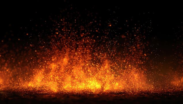 Fiery digital art showcasing an intense, vibrant blaze of orange and yellow against a stark black background.  Glowing embers rise