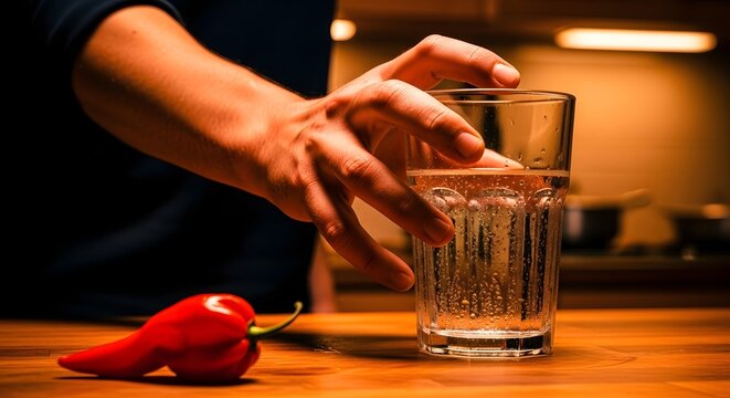 Person reaching for a glass of water next to a red chili pepper.