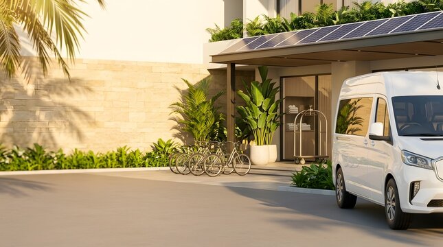 White electric shuttle van parked at luxury resort entrance with solar canopy representing sustainable hospitality and tourism