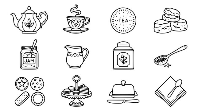 Hand-drawn Tea Time Icons: Teapot, Cup, Scones, Jam, Biscuits, Cake Stand