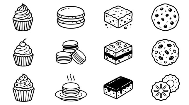 Hand-Drawn Dessert Icons: Cupcakes, Macarons, Brownies, Cookies, Pancakes, and Pastries
