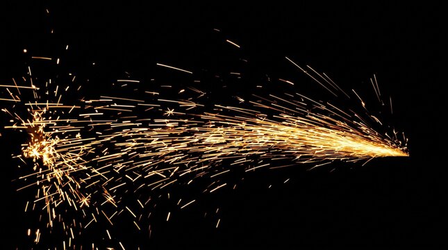 Bright orange sparks flying from a grinding wheel against a dark background creating a dynamic fiery trail