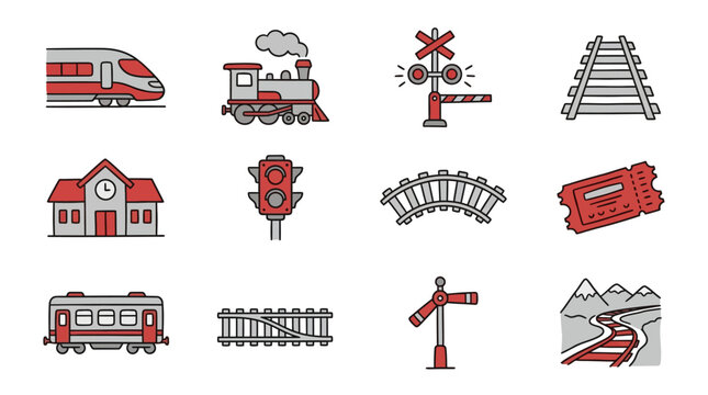 Minimalist Red and Gray Train Themed Icons Set with Various Railway Elements and Scenery with high quality professional line art symbols for modern creative design and digital branding projects