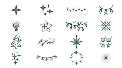 Fototapeta premium Modern Minimalist Holiday and Festive Icons Set Green and White Star Tree Light Bulb Garland and Sparkle Designs