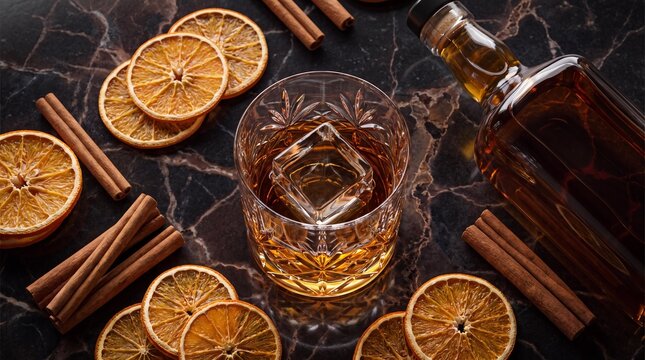 Whiskey Delight: A crystal glass filled with amber whiskey and a large ice cube sits on a dark, marbled surface, garnished with dried orange slices and cinnamon sticks, beside a bottle of spirits.