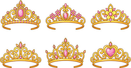 Princess tiara and crown vector icon set golden royal accessories collection design project.eps © MdAzahar
