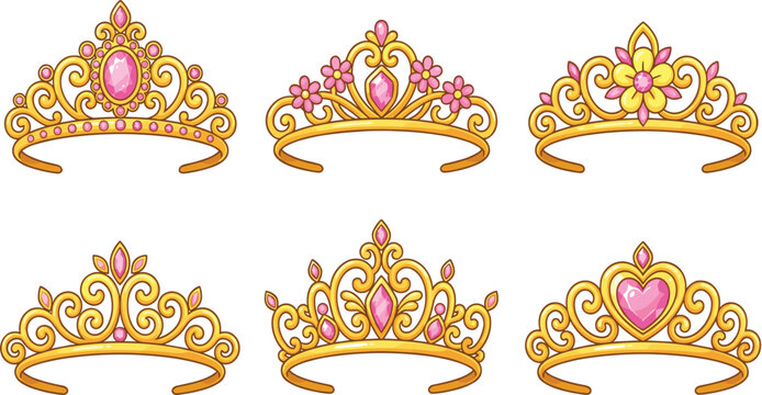 Princess tiara and crown vector icon set golden royal accessories collection design project.eps