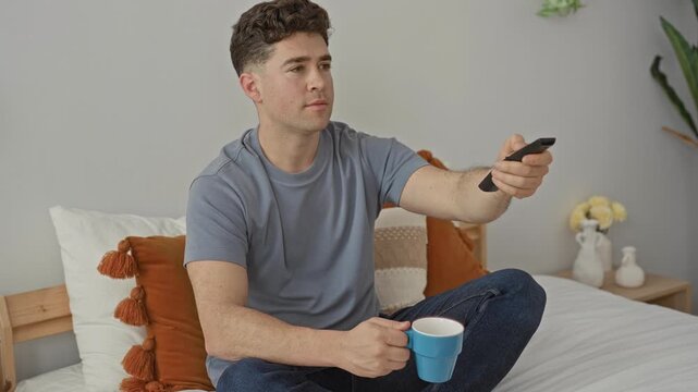 Man holding blue mug and pointing remote control at television while seated crosslegged on bed in a tidy bedroom with pillows and plant visible; relaxation downtime.