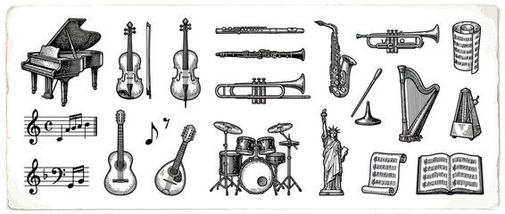 Vintage musical instruments and sheet music illustration © ati