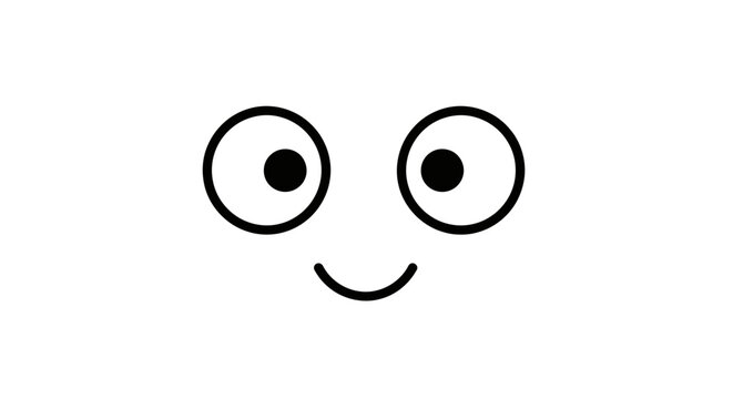 A minimalist black and white cartoon face with wide-open eyes and a gentle, upward-curving smile, conveying a sense of happiness and innocence.