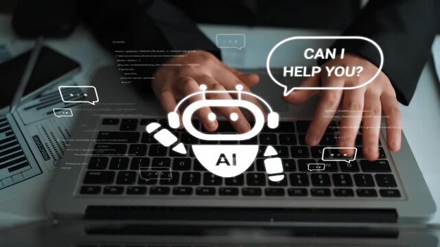 Hands Typing on Laptop with AI Chatbot Illustration in Background Asking "Can I Help You?" in a Modern Workspace Setting Gluon.