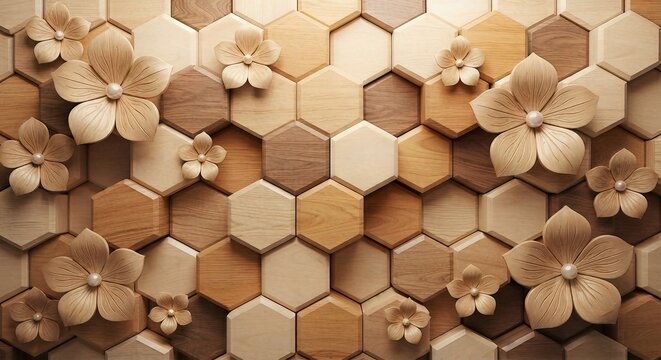 Modern Wooden and Beige Hexagonal Tile Wall Panel with Flowers