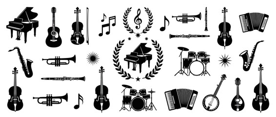 Musical Instruments Collection Black and White Retro Style © ati