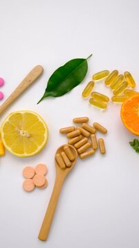 Various tablets and capsules, supplements and vitamins. Selective focus.