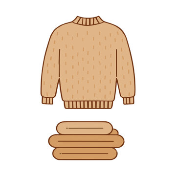 A warm brown knitted sweater sits above a stack of folded laundry in a clean flat vector style representing comfort.