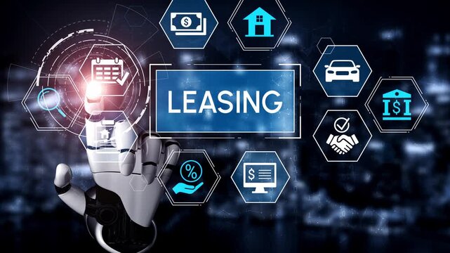 Intricate Digital Interface with Robotic Hand Touching Leasing Concept, Featuring Icons for Technology, Finance, and Services in a Futuristic City Background. Entropy.