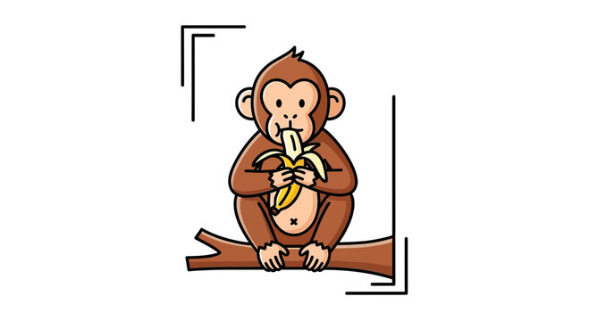 Cute monkey eating banana on tree branch, vector illustration, isolated