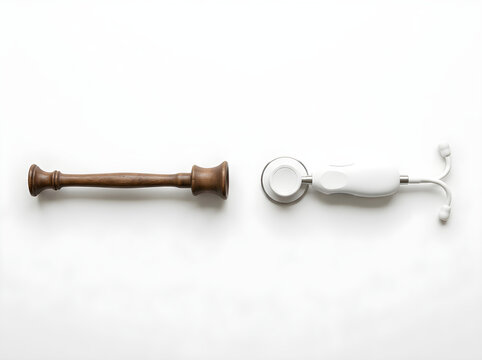 Vintage wooden Pinard horn and modern white electronic stethoscope on white background, medical evolution concept showing traditional fetal heart rate monitor and contemporary diagnostic tool.