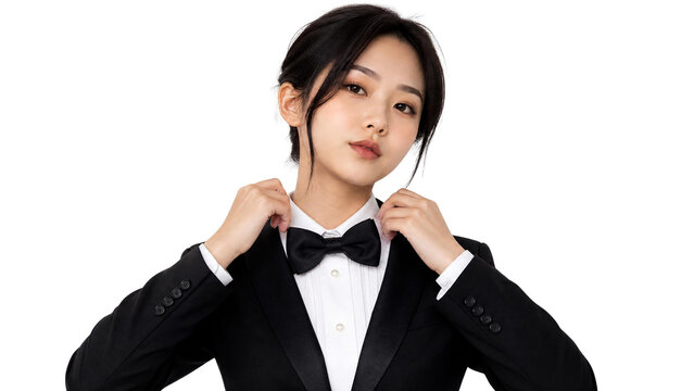 Elegant Young Asian Woman in Formal Black Tuxedo and Bow Tie Isolated on Transparent Background