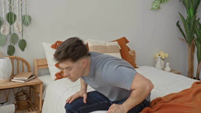 Man rising from bed with hands on knees, sitting and bending forward in a bedroom setting inside a building; quiet contemplation.