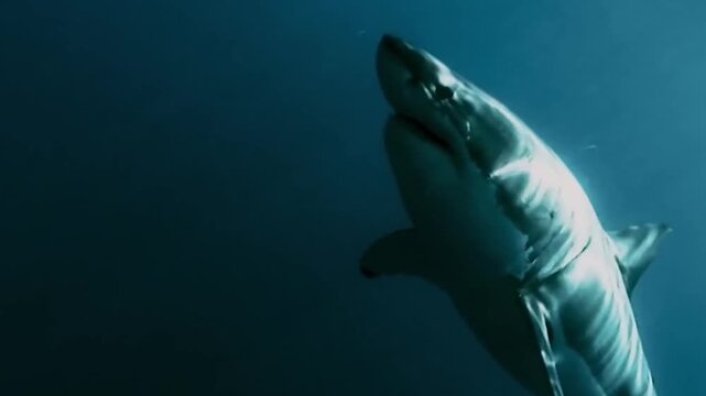 a great white killer shark swimming gracefully through deep blue waters