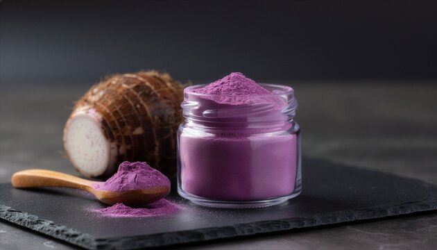Purple taro powder in glass jar with fresh taro root