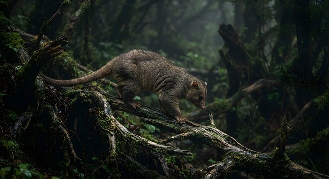 Fossa walking along a mossy fallen tree trunk in a misty tropical forest