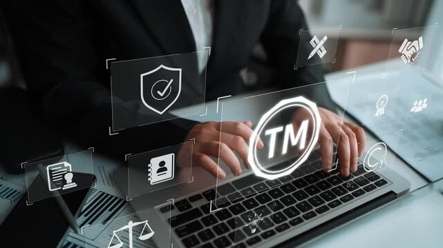 Trademark protection and legal compliance with TM icon, copyright law, patent check, intellectual property rights, and branding regulation enforcement Marrow