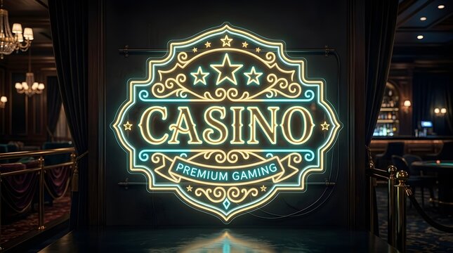 Glowing neon casino signage displaying premium gaming text with ornamental stars and swirling filigree patterns mounted on a dark wall inside a luxury gambling lounge interior