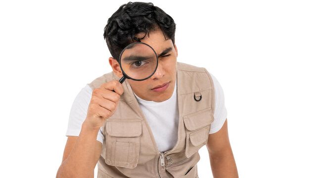 Young Man Explorer Looking Through Magnifying Glass to Search and Inspect Isolated