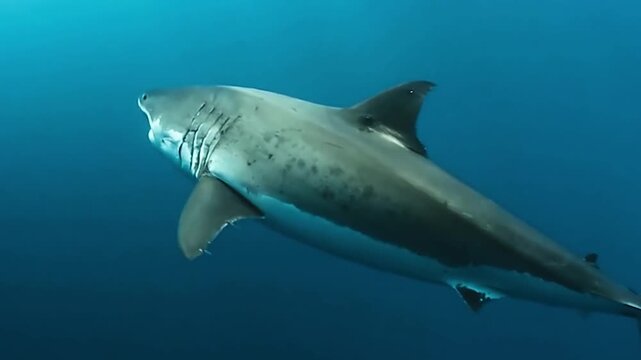 a great white killer shark swimming gracefully through deep blue waters