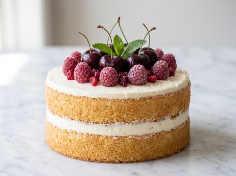 Two Layer Naked Sponge Cake with White Cream Frosting Topped with Fresh Raspberries, Cherries, and Mint Leaves on Marble Surface