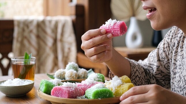 Woman eating colorful Indonesian getuk roll cake with coconut