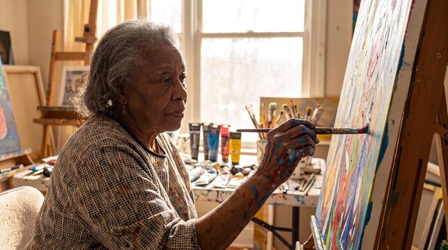 Elderly Artist's Masterpiece: An elderly African American woman, with a look of deep concentration, wields a paintbrush, adding vibrant strokes to a canvas in her art studio.