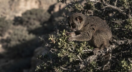 Fototapeta premium Small nocturnal lemur eating berries on a tree branch