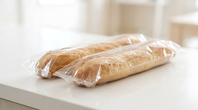 Two fresh baguettes in plastic wrap. Packaged French bread loaves on a kitchen counter.