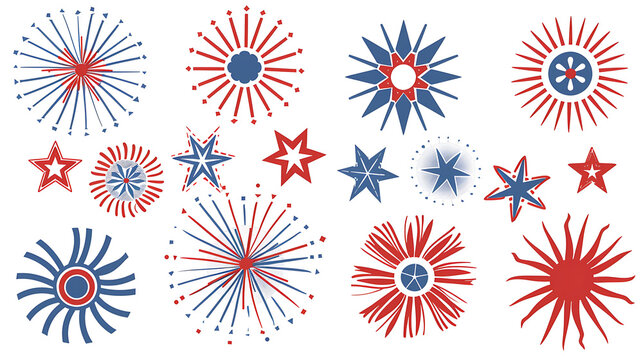 Red and blue firework bursts and star vector asset pack on pure white background for Labor Day celebration layouts and Independence Day sticker designs
