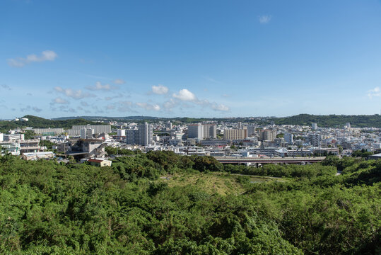 快晴の空と高台から見える手前の緑と奥の町並み