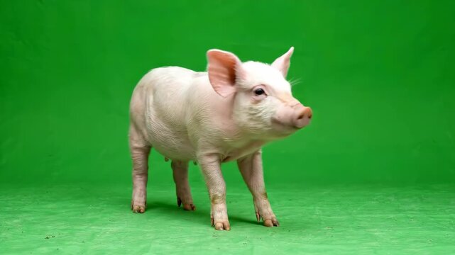 Adorable pink domestic piglet walking across a bright green screen background for chroma key compositing