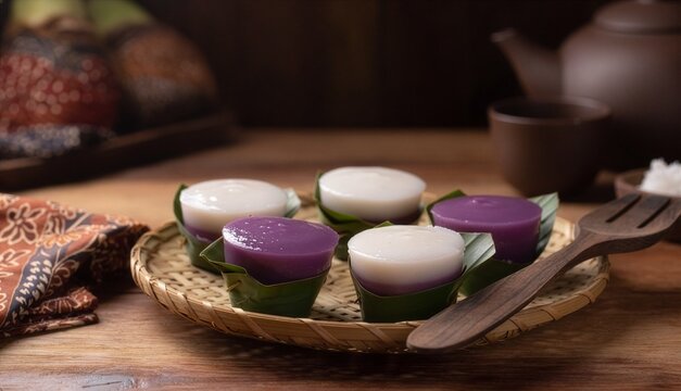 Traditional Indonesian kue talam ubi ungu with coconut layer