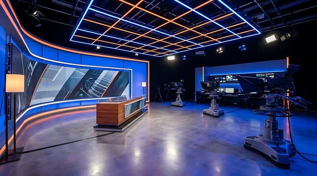 Modern empty television broadcast news studio set.