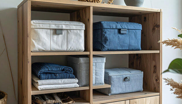Wooden shelf with storage containers.